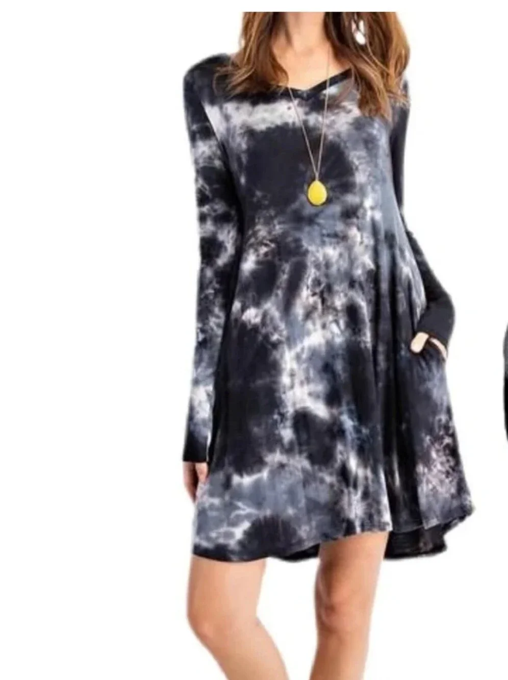 Rae Mode Black & Gray Tie-Dye Long Sleeve Swing Dress - Picture 1 of 5